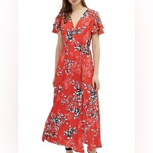 NWT French Connection Women’s Coletta Crepe Midi Tea Dress Bright Flame Multi